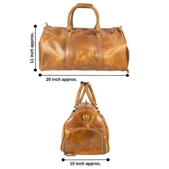 Genuine Leather Travel Duffle Bag, Tan - Picture 3 of 14